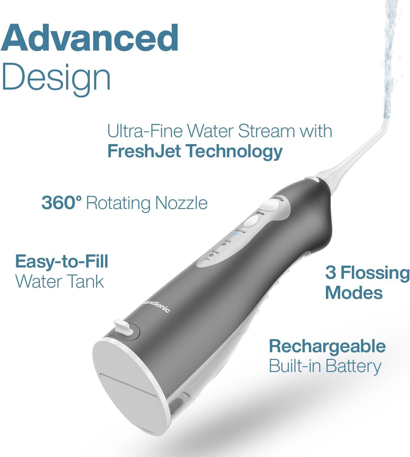 image:imageAquaSonic Aqua Flosser Cordless Rechargeable Water Flosser for Teeth Waterproof Portable Oral Irrigator for Dental Cleaning with 5 Jet Tips Braces Home TravelCharcoal Metallic