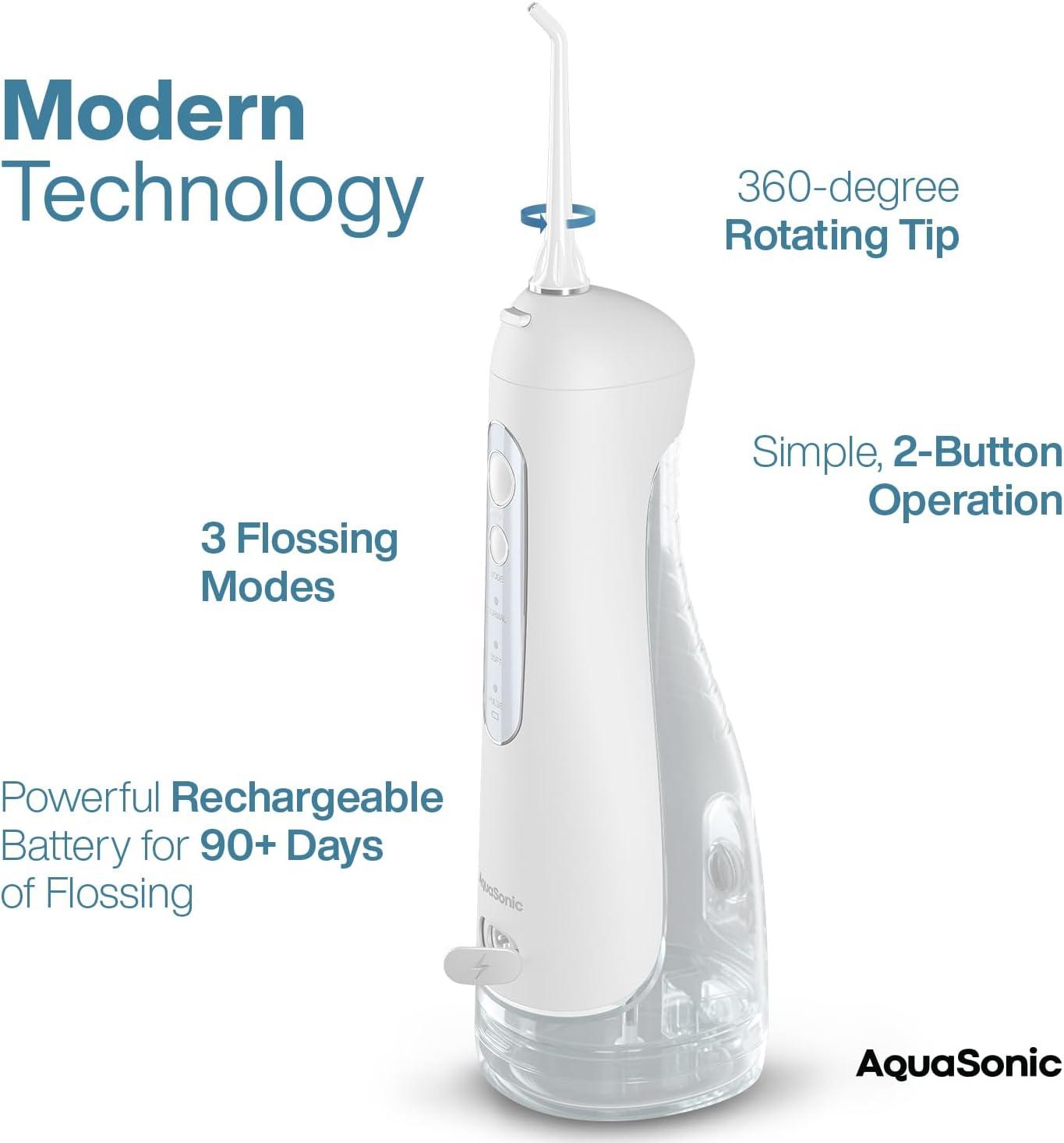 image:imageAquaSonic Aqua Flosser PRO Rechargeable Electric Cordless Water Flosser for Teeth Gums amp Tongue Waterproof Modern Design 300ml Large Tank 3 Modes 6 Jet Tips Deluxe Tongue Nozzle Optic WhiteOptic White
