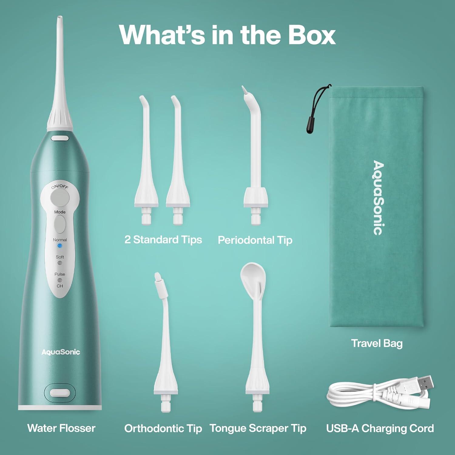 image:imageAquaSonic Aqua Flosser PRO Rechargeable Electric Cordless Water Flosser for Teeth Gums amp Tongue Waterproof Modern Design 300ml Large Tank 3 Modes 6 Jet Tips Deluxe Tongue Nozzle Optic WhiteGreen