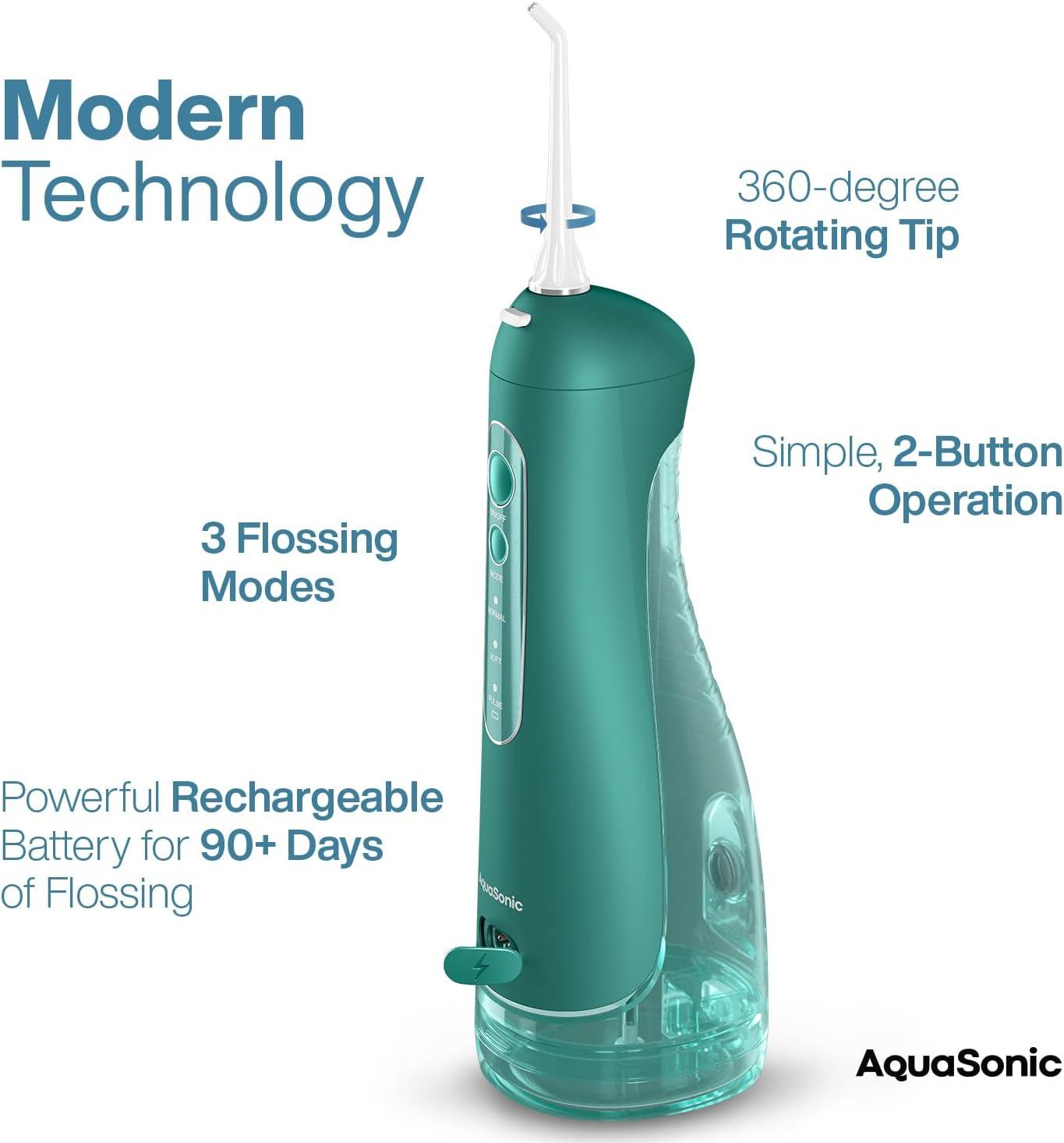 image:imageAquaSonic Aqua Flosser PRO Rechargeable Electric Cordless Water Flosser for Teeth Gums amp Tongue Waterproof Modern Design 300ml Large Tank 3 Modes 6 Jet Tips Deluxe Tongue Nozzle Optic WhiteGreen