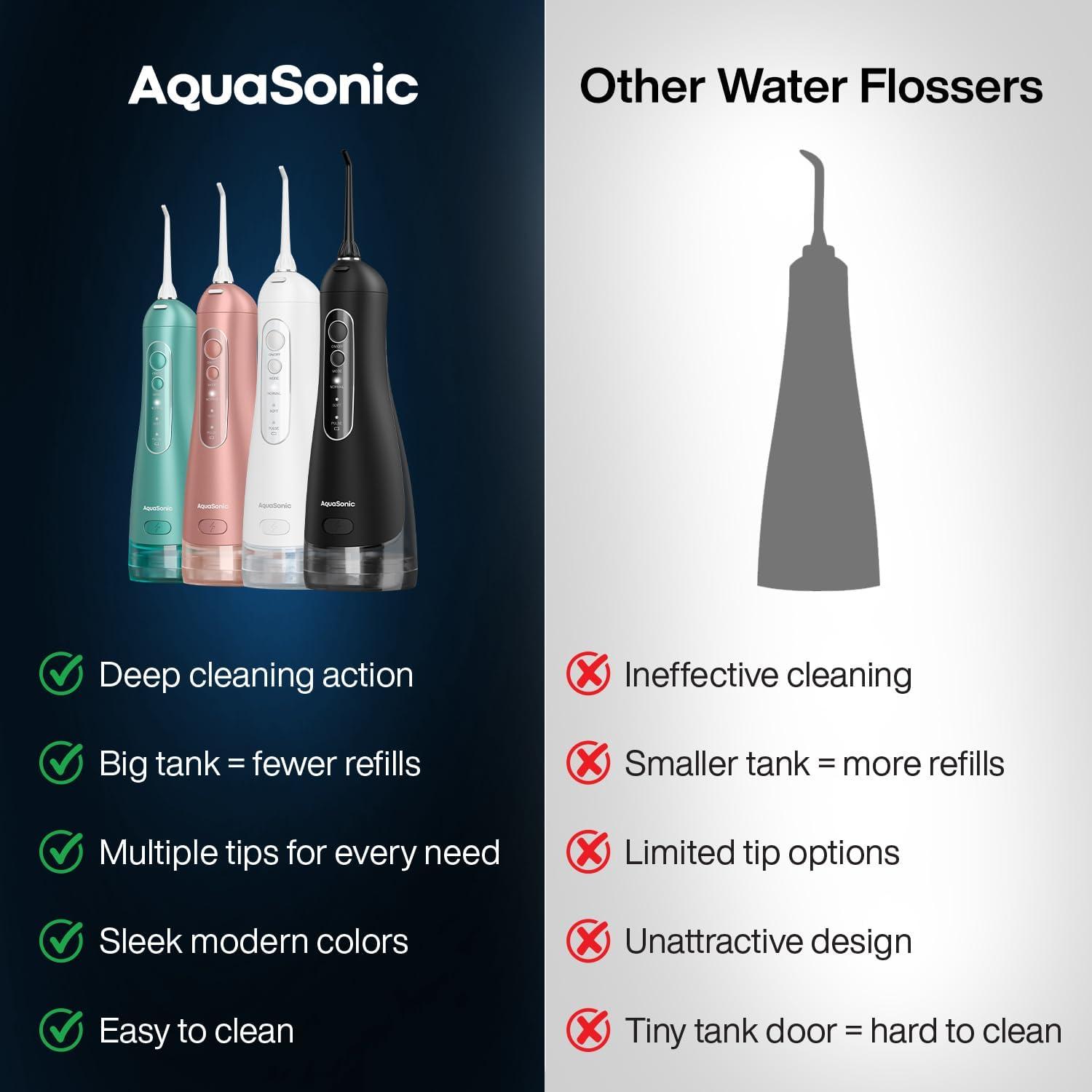 image:imageAquaSonic Aqua Flosser PRO Rechargeable Electric Cordless Water Flosser for Teeth Gums amp Tongue Waterproof Modern Design 300ml Large Tank 3 Modes 6 Jet Tips Deluxe Tongue Nozzle Optic WhiteGreen
