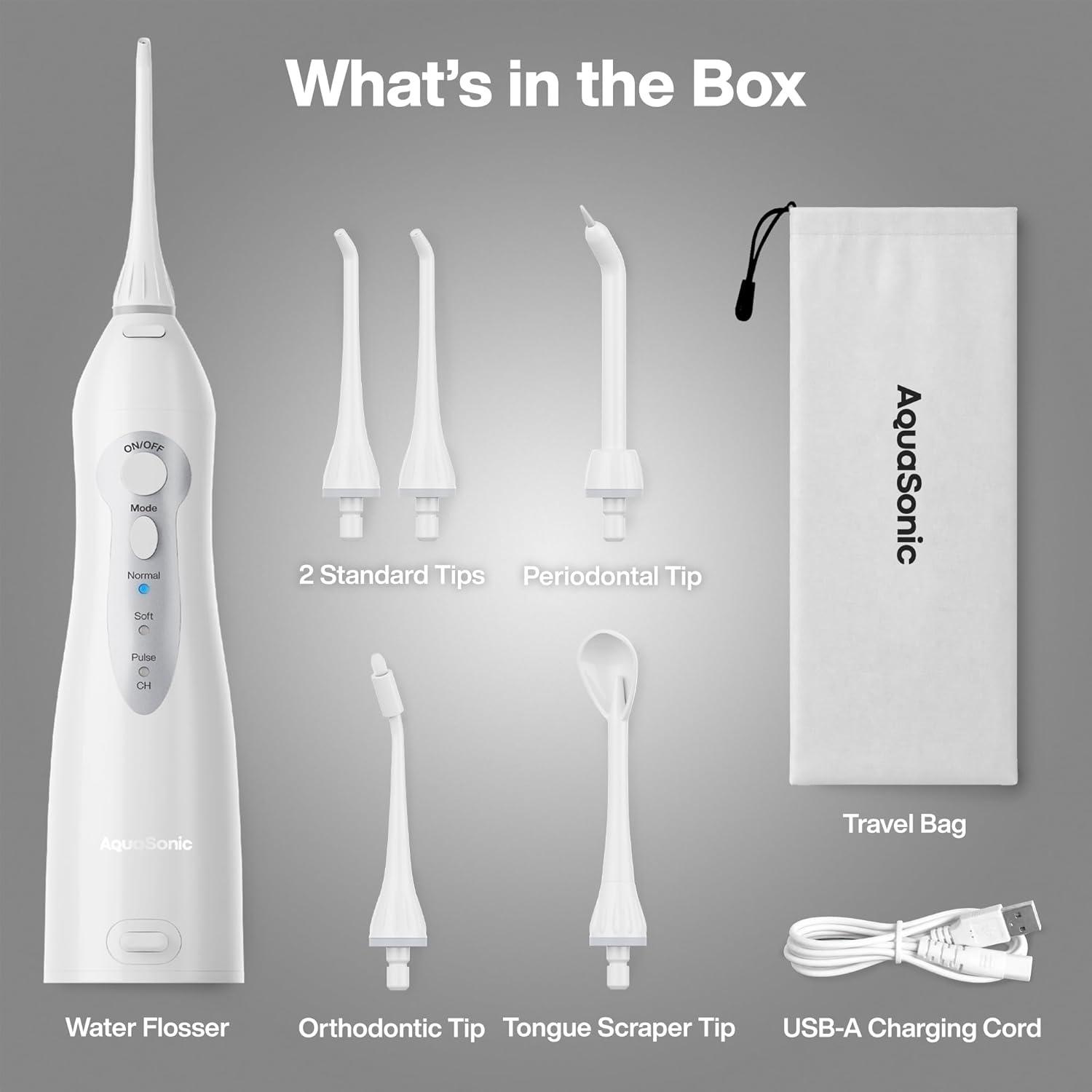 image:imageAquaSonic Aqua Flosser PRO Rechargeable Electric Cordless Water Flosser for Teeth Gums amp Tongue Waterproof Modern Design 300ml Large Tank 3 Modes 6 Jet Tips Deluxe Tongue Nozzle Optic WhiteOptic White