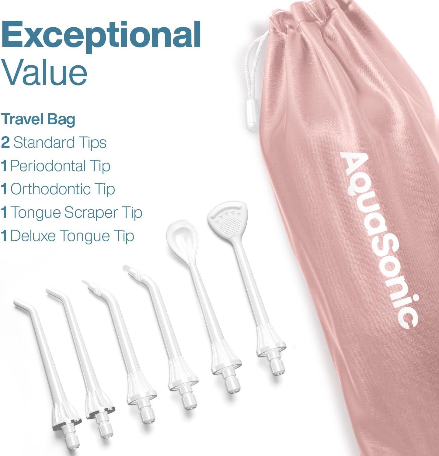 image:imageAquaSonic Aqua Flosser PRO Rechargeable Electric Cordless Water Flosser for Teeth Gums amp Tongue Waterproof Modern Design 300ml Large Tank 3 Modes 6 Jet Tips Deluxe Tongue Nozzle Optic WhiteRose Gold
