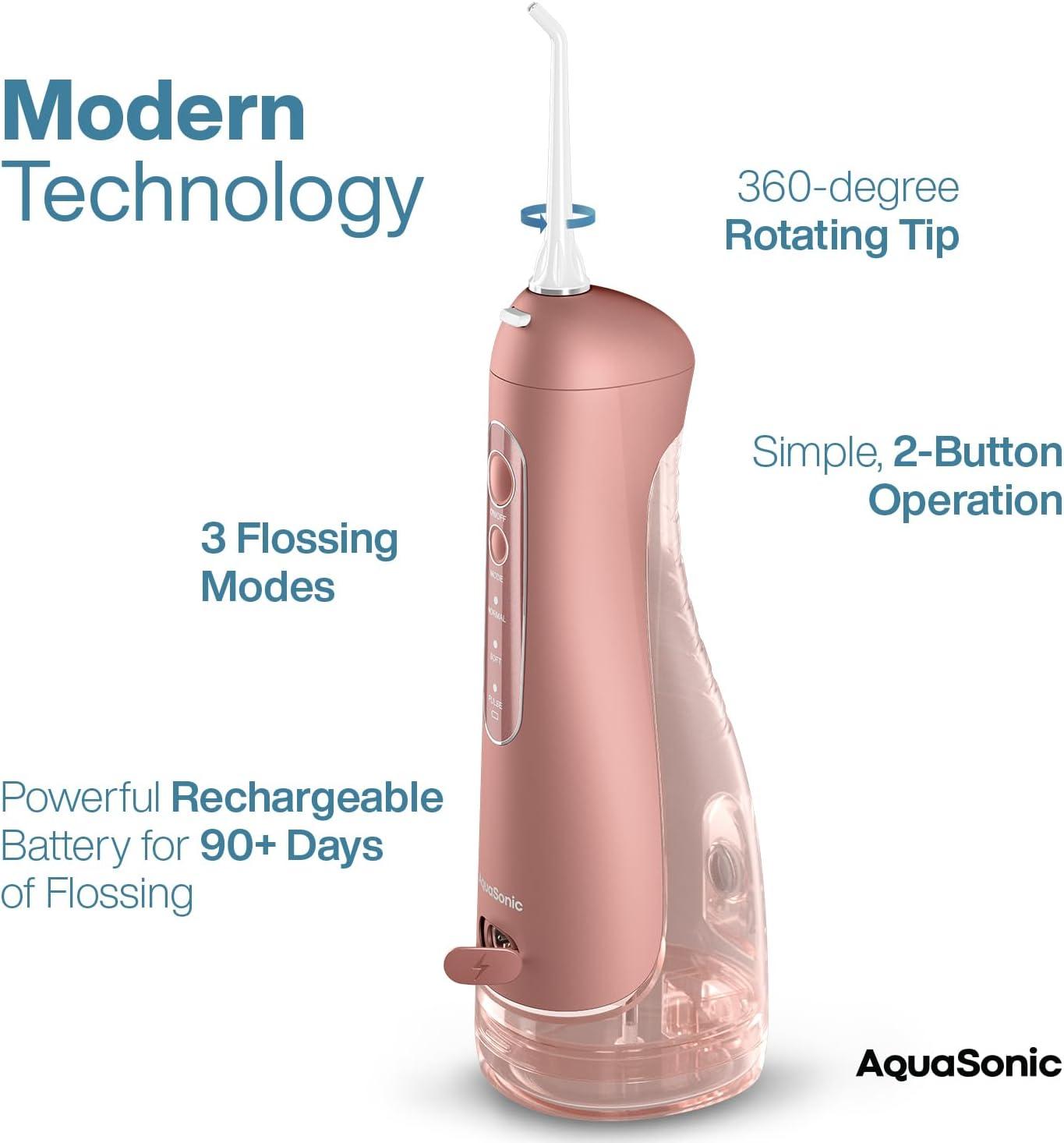 image:imageAquaSonic Aqua Flosser PRO Rechargeable Electric Cordless Water Flosser for Teeth Gums amp Tongue Waterproof Modern Design 300ml Large Tank 3 Modes 6 Jet Tips Deluxe Tongue Nozzle Optic WhiteRose Gold