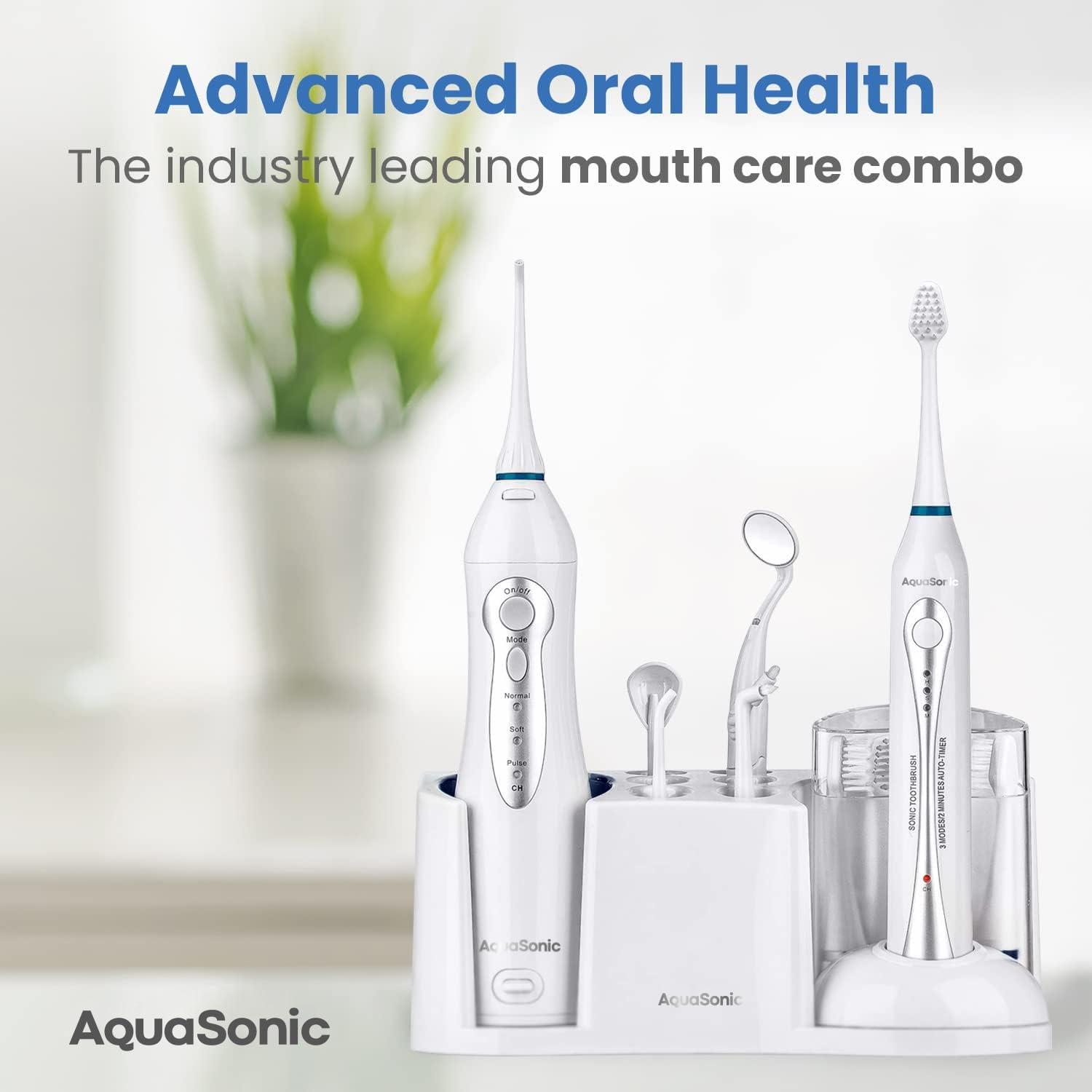 image:imageAquaSonic Home Dental Center Rechargeable Power Toothbrush amp Smart Water Flosser Complete Family Oral Care System 10 Attachments and Tips Included Various Modes amp Timers BlackWhite