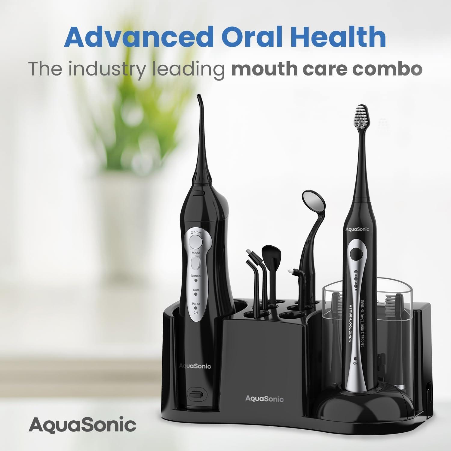 image:imageAquaSonic Home Dental Center Rechargeable Power Toothbrush amp Smart Water Flosser Complete Family Oral Care System 10 Attachments and Tips Included Various Modes amp Timers BlackBlack