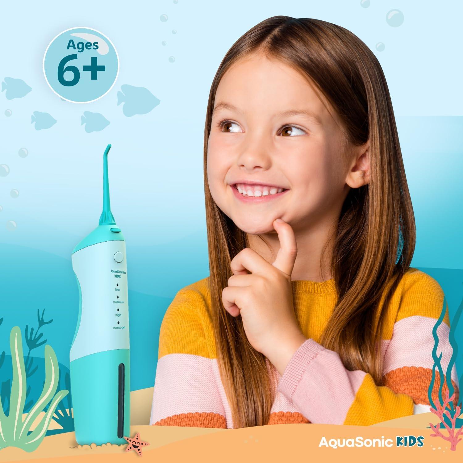 image:imageAquaSonic Kids Water Flosser for Ages 6 Standard Nozzle Orthodontic Nozzle amp Waterproof Stickers 4 Flossing Modes Aquarium Adventures Theme BlueBlue