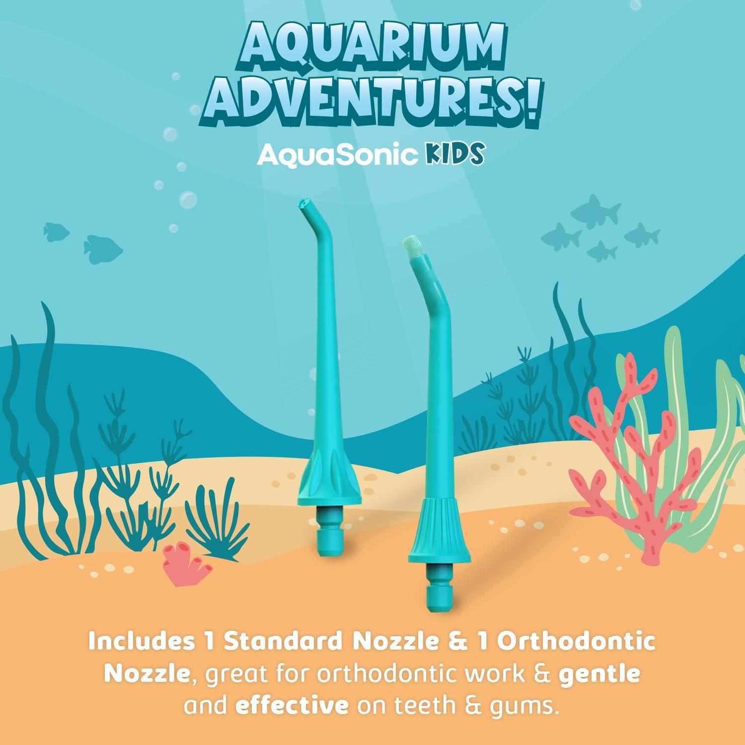 image:imageAquaSonic Kids Water Flosser for Ages 6 Standard Nozzle Orthodontic Nozzle amp Waterproof Stickers 4 Flossing Modes Aquarium Adventures Theme BlueBlue