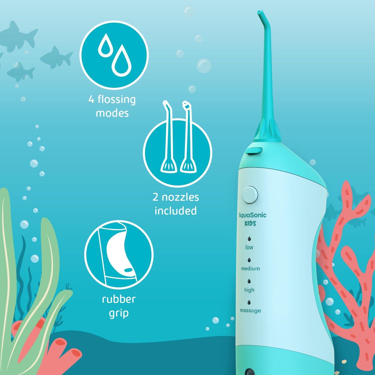 image:imageAquaSonic Kids Water Flosser for Ages 6 Standard Nozzle Orthodontic Nozzle amp Waterproof Stickers 4 Flossing Modes Aquarium Adventures Theme BlueBlue