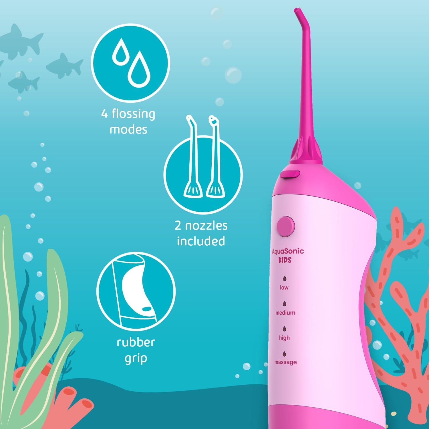 image:imageAquaSonic Kids Water Flosser for Ages 6 Standard Nozzle Orthodontic Nozzle amp Waterproof Stickers 4 Flossing Modes Aquarium Adventures Theme BluePink