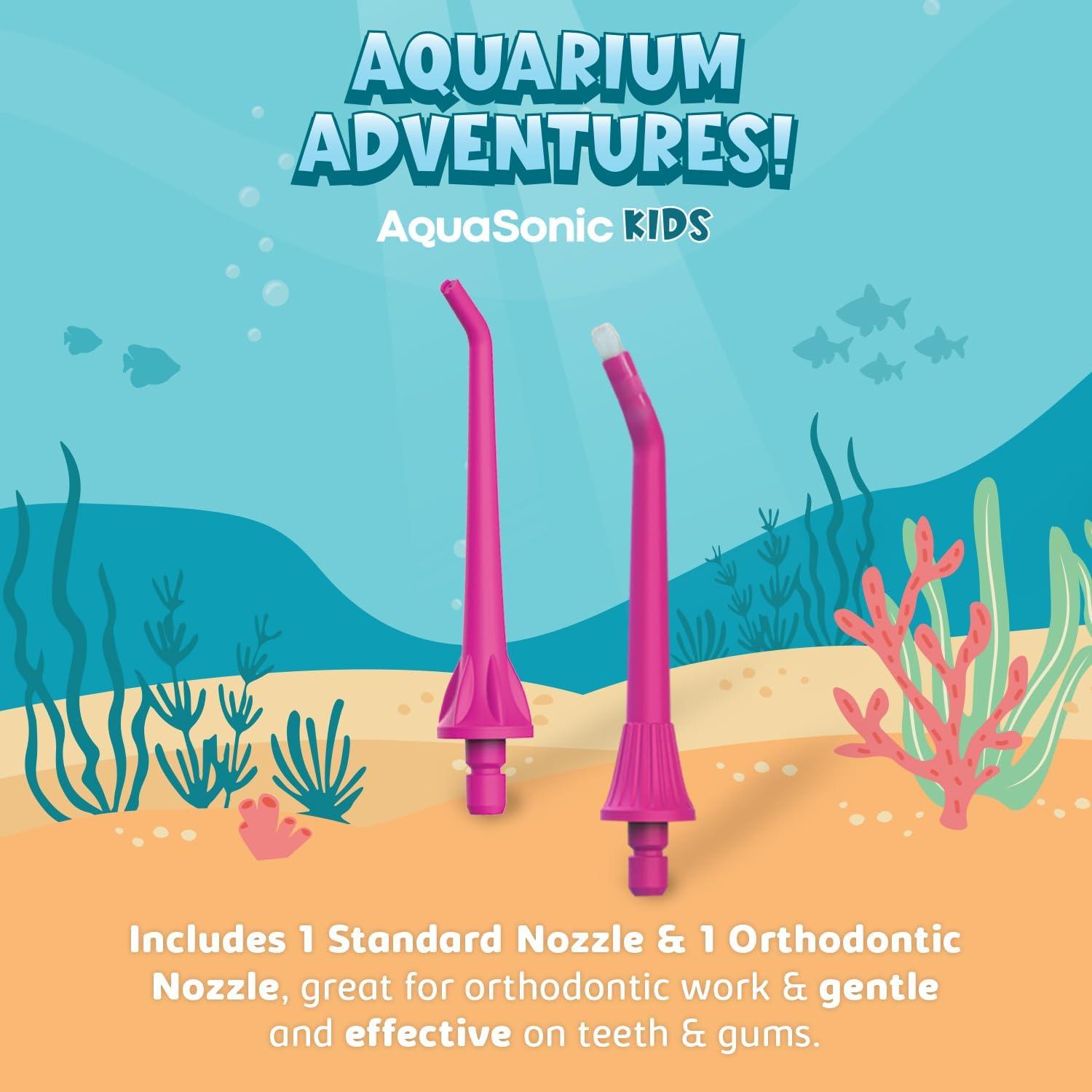 image:imageAquaSonic Kids Water Flosser for Ages 6 Standard Nozzle Orthodontic Nozzle amp Waterproof Stickers 4 Flossing Modes Aquarium Adventures Theme BluePink