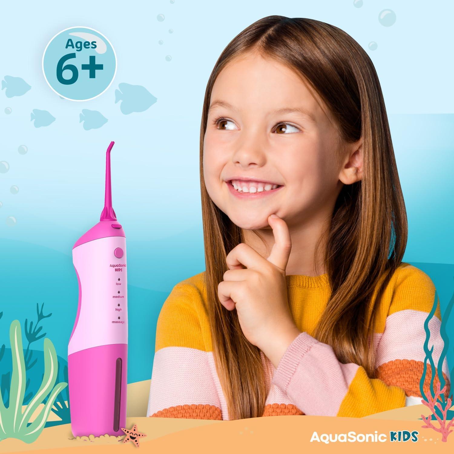 image:imageAquaSonic Kids Water Flosser for Ages 6 Standard Nozzle Orthodontic Nozzle amp Waterproof Stickers 4 Flossing Modes Aquarium Adventures Theme BluePink