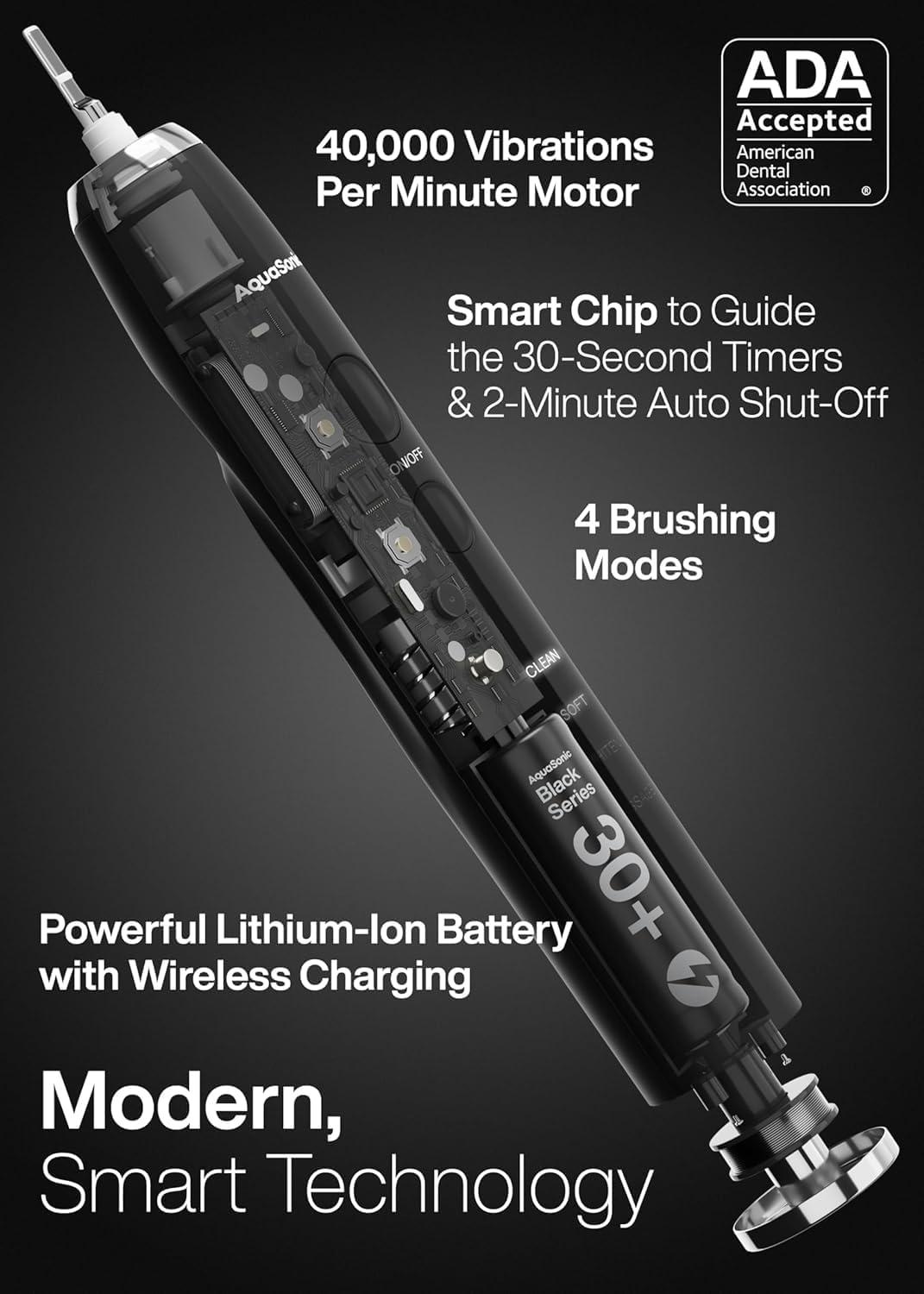 image:imageAquasonic Black Series Ultra Whitening Toothbrush ADA Accepted Electric Toothbrush 8 Brush Heads amp Travel Case 40000 VPM Electric Motor amp Wireless Charging 4 Modes w Smart Timer1 Count Pack of 1
