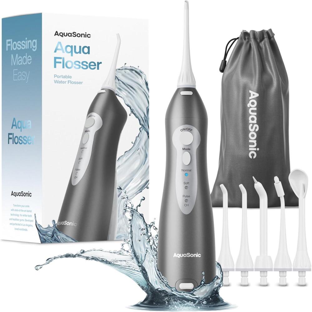 image:imageAquaSonic Aqua Flosser  Cordless Rechargeable Water Flosser for Teeth  Waterproof Portable Oral Irrigator for Dental Cleaning with 5 Jet Tips  Braces Home TravelCharcoal Metallic