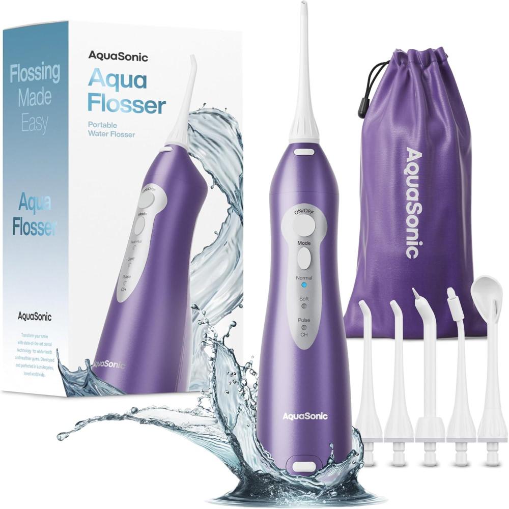 image:imageAquaSonic Aqua Flosser  Cordless Rechargeable Water Flosser for Teeth  Waterproof Portable Oral Irrigator for Dental Cleaning with 5 Jet Tips  Braces Home TravelSatin Purple