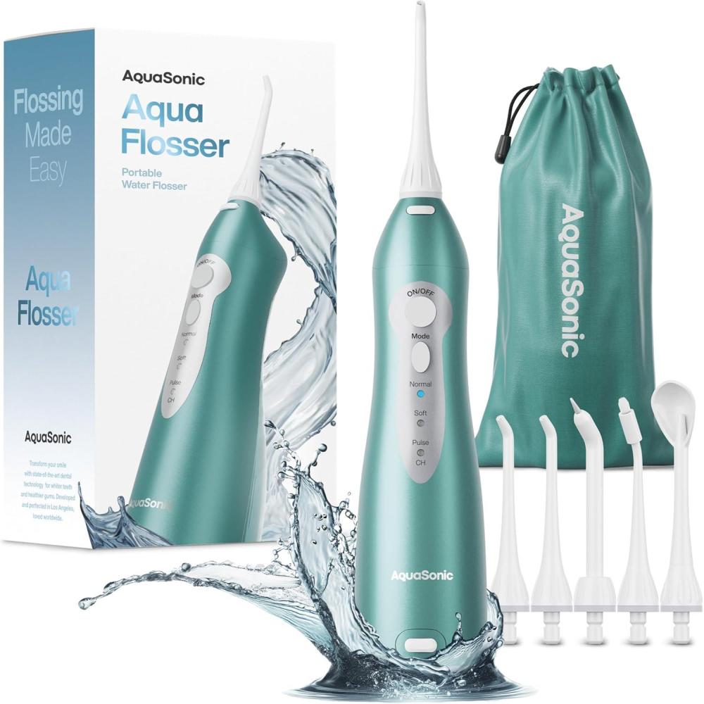 image:imageAquaSonic Aqua Flosser  Cordless Rechargeable Water Flosser for Teeth  Waterproof Portable Oral Irrigator for Dental Cleaning with 5 Jet Tips  Braces Home TravelMint Green Metallic