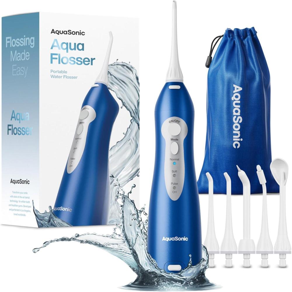image:imageAquaSonic Aqua Flosser  Cordless Rechargeable Water Flosser for Teeth  Waterproof Portable Oral Irrigator for Dental Cleaning with 5 Jet Tips  Braces Home TravelSapphire Blue