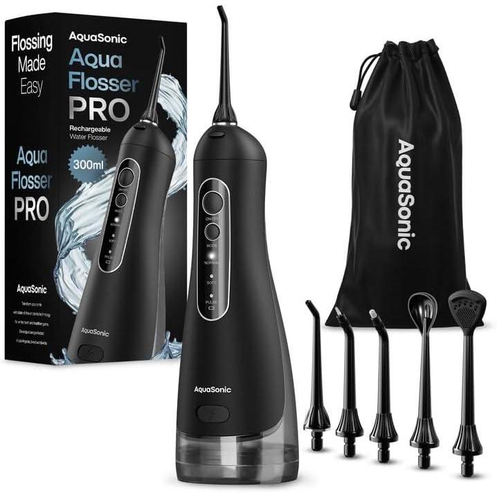 image:imageAquaSonic Aqua Flosser PRO Rechargeable Electric Cordless Water Flosser for Teeth Gums amp Tongue Waterproof Modern Design 300ml Large Tank 3 Modes 6 Jet Tips Deluxe Tongue Nozzle Optic WhiteBlack