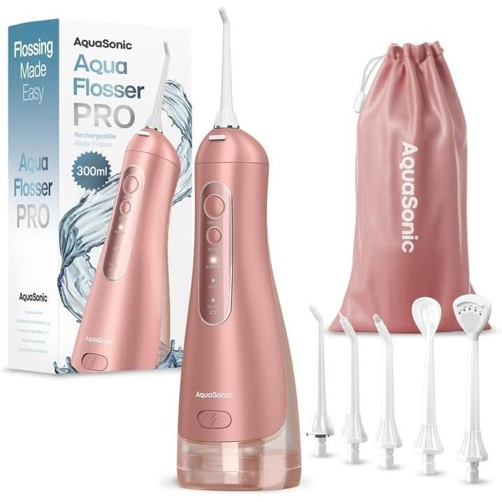 image:imageAquaSonic Aqua Flosser PRO Rechargeable Electric Cordless Water Flosser for Teeth Gums amp Tongue Waterproof Modern Design 300ml Large Tank 3 Modes 6 Jet Tips Deluxe Tongue Nozzle Optic WhiteRose Gold