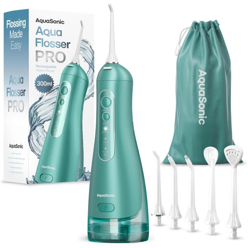 image:imageAquaSonic Aqua Flosser PRO Rechargeable Electric Cordless Water Flosser for Teeth Gums amp Tongue Waterproof Modern Design 300ml Large Tank 3 Modes 6 Jet Tips Deluxe Tongue Nozzle Optic WhiteGreen
