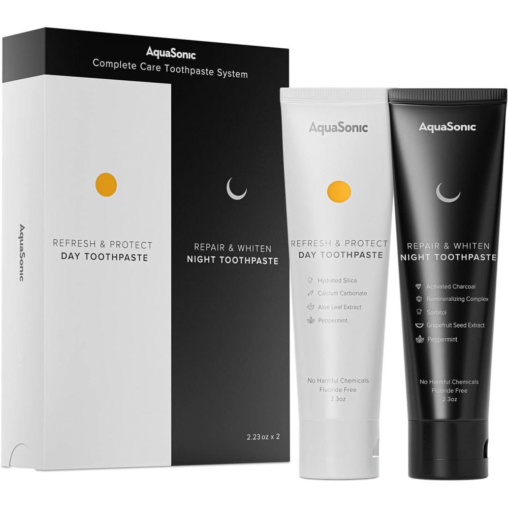 image:imageAquaSonic Complete Care Toothpaste Refresh amp Protect Day Repair amp Whiten Night Fluoride Free Natural Anticavity Antiplaque Reharden Strengthen Whiten Detoxify