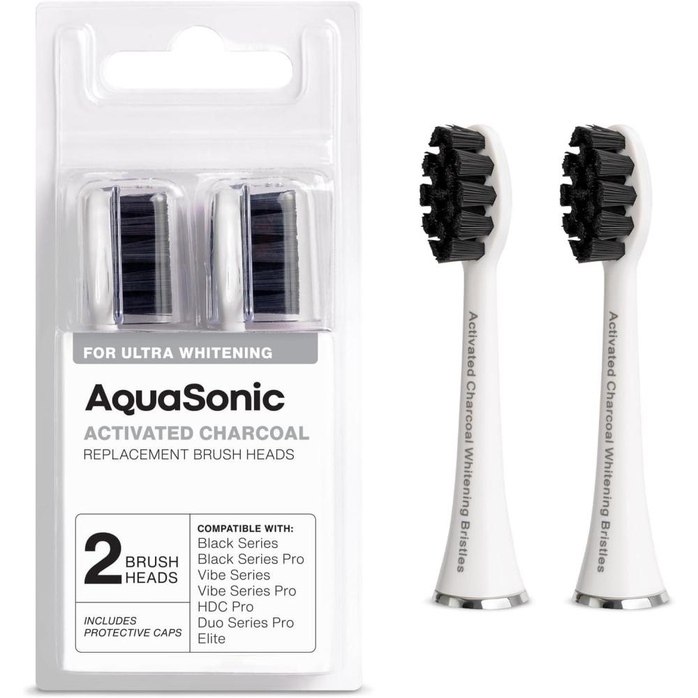image:imageAquaSonic Genuine 2Pack Activated Charcoal Brush Heads  Ultra Whitening Brush Heads  2X Whitening amp Stain Remover  for Black Series amp Pro Vibe Series Duo Pro Series BlackWhite