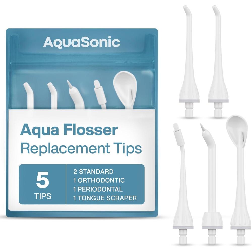 image:imageAquaSonic Genuine Aqua Flosser Replacement Tips 5 Tips 4 Types Standard Periodontal Orthodontic amp Tongue Scraper Authentic Parts BlackWhite