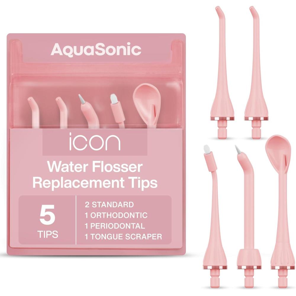 image:imageAquaSonic Genuine Icon Water Flosser Replacement Tips  5 Tips 4 Tip Types Standard Periodontal Orthodontic amp Tongue Scraper  Authentic Parts StoneBlush