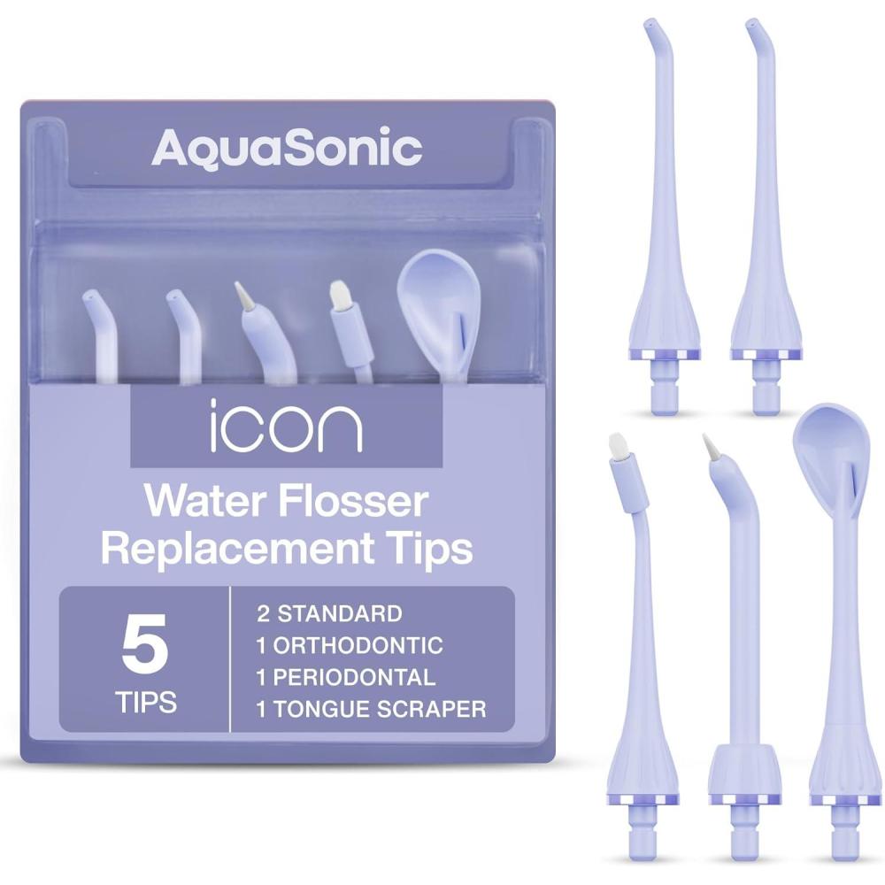 image:imageAquaSonic Genuine Icon Water Flosser Replacement Tips  5 Tips 4 Tip Types Standard Periodontal Orthodontic amp Tongue Scraper  Authentic Parts StoneLilac