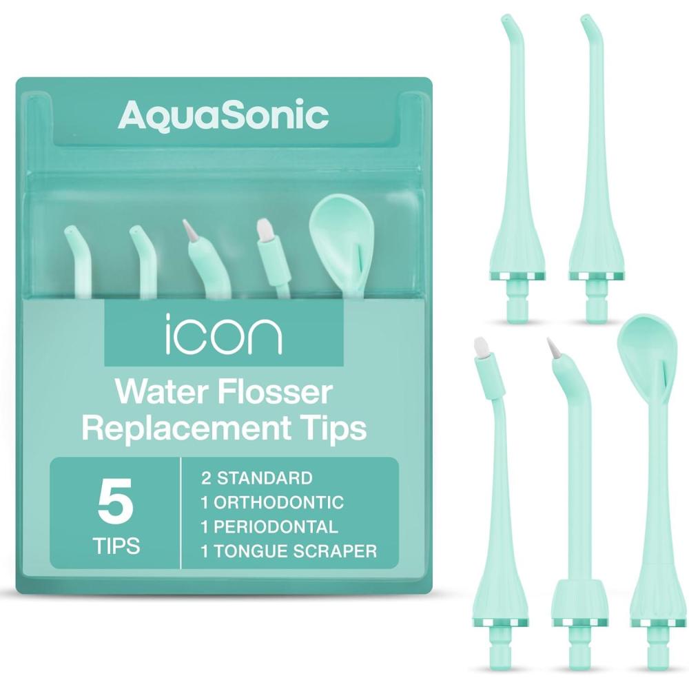 image:imageAquaSonic Genuine Icon Water Flosser Replacement Tips  5 Tips 4 Tip Types Standard Periodontal Orthodontic amp Tongue Scraper  Authentic Parts StoneMint