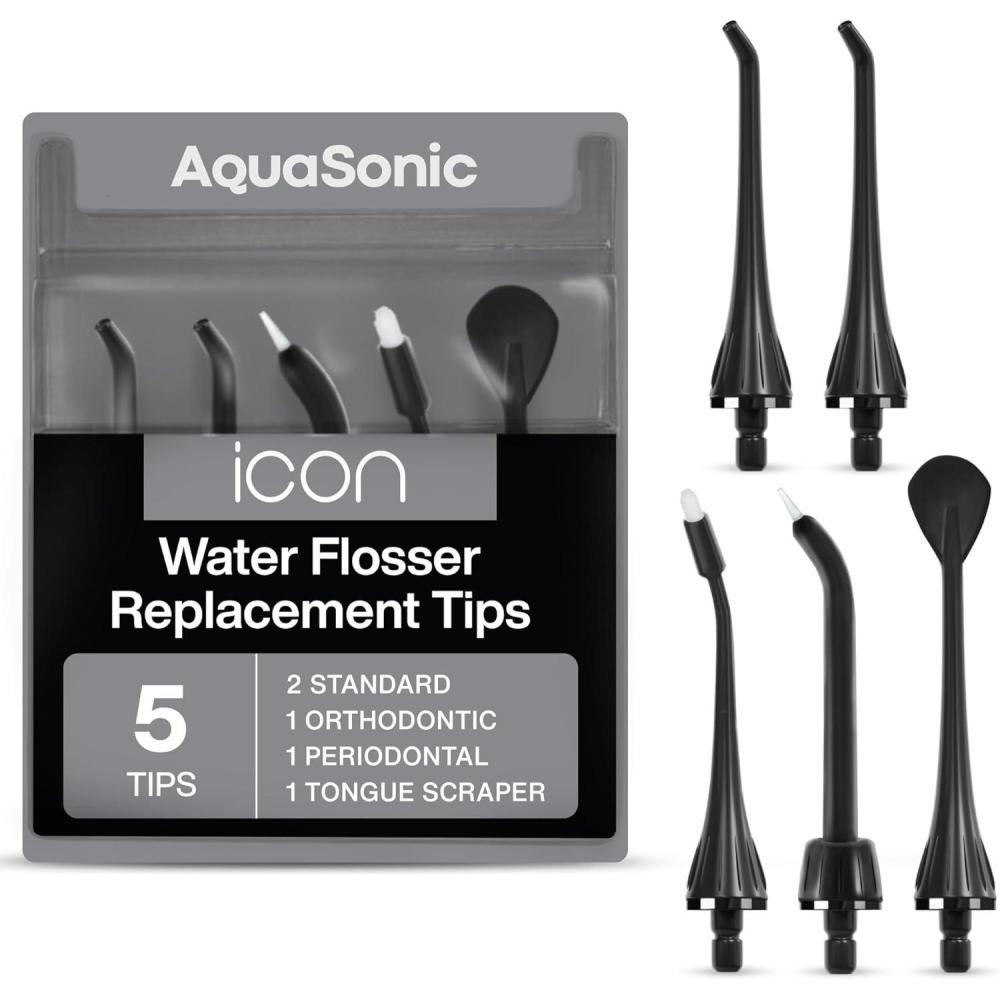 image:imageAquaSonic Genuine Icon Water Flosser Replacement Tips 5 Tips 4 Tip Types Standard Periodontal Orthodontic amp Tongue Scraper Authentic Parts StoneOnyx