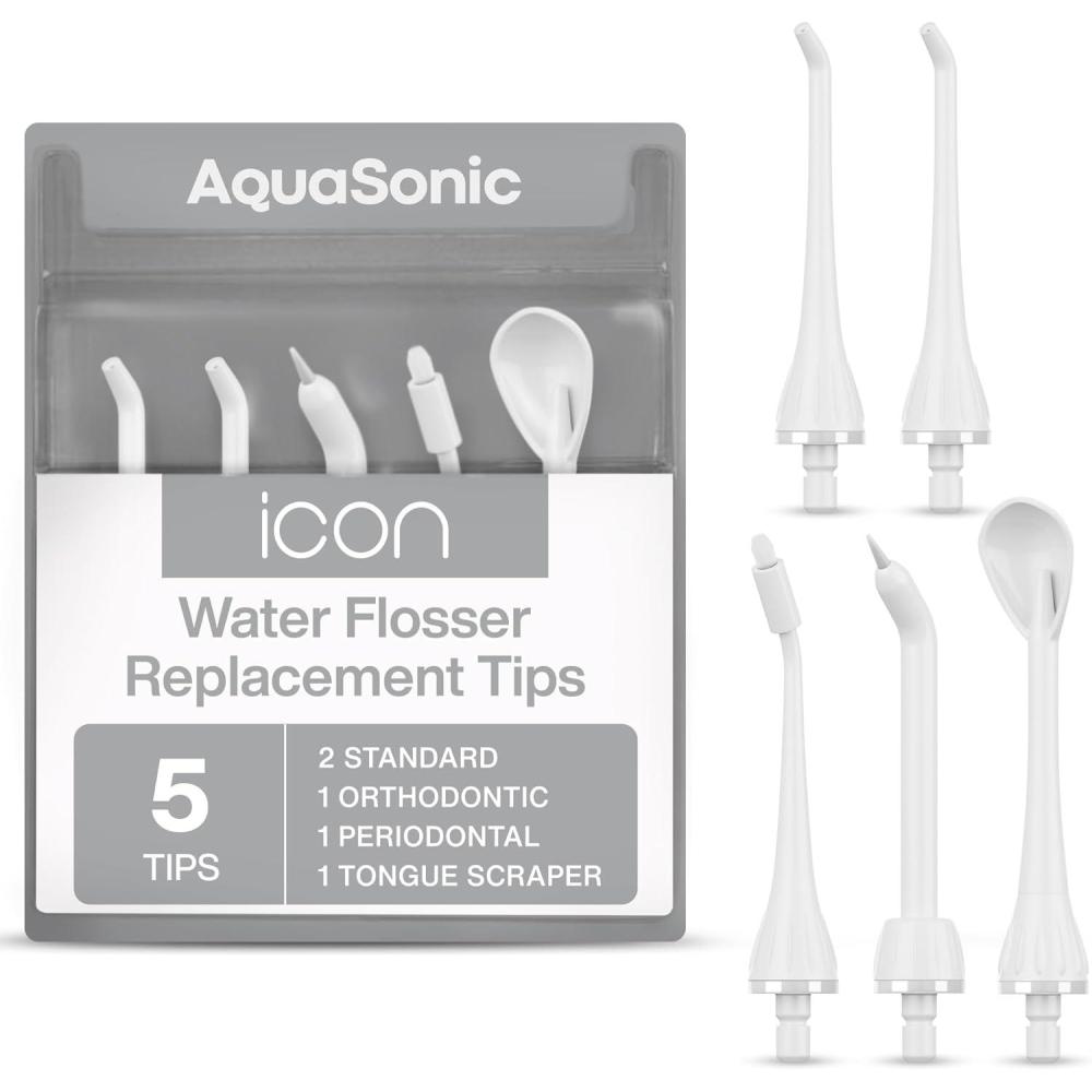 image:imageAquaSonic Genuine Icon Water Flosser Replacement Tips  5 Tips 4 Tip Types Standard Periodontal Orthodontic amp Tongue Scraper  Authentic Parts StonePearl