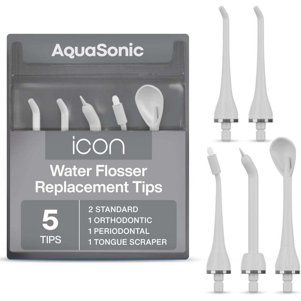 image:imageAquaSonic Genuine Icon Water Flosser Replacement Tips  5 Tips 4 Tip Types Standard Periodontal Orthodontic amp Tongue Scraper  Authentic Parts StoneStone