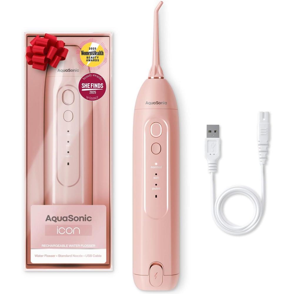 image:imageAquaSonic Icon Water Flosser for Teeth  Cordless Rechargeable Oral Irrigator  Waterproof Portable Dental Cleaning with Jet Tip  Braces Home Travel  OnyxBlush