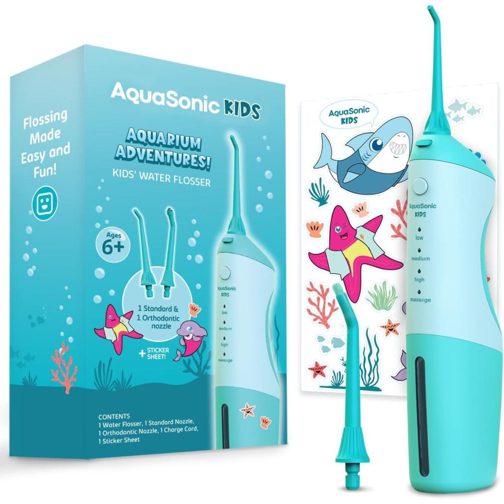image:imageAquaSonic Kids Water Flosser for Ages 6 Standard Nozzle Orthodontic Nozzle amp Waterproof Stickers 4 Flossing Modes Aquarium Adventures Theme BlueBlue