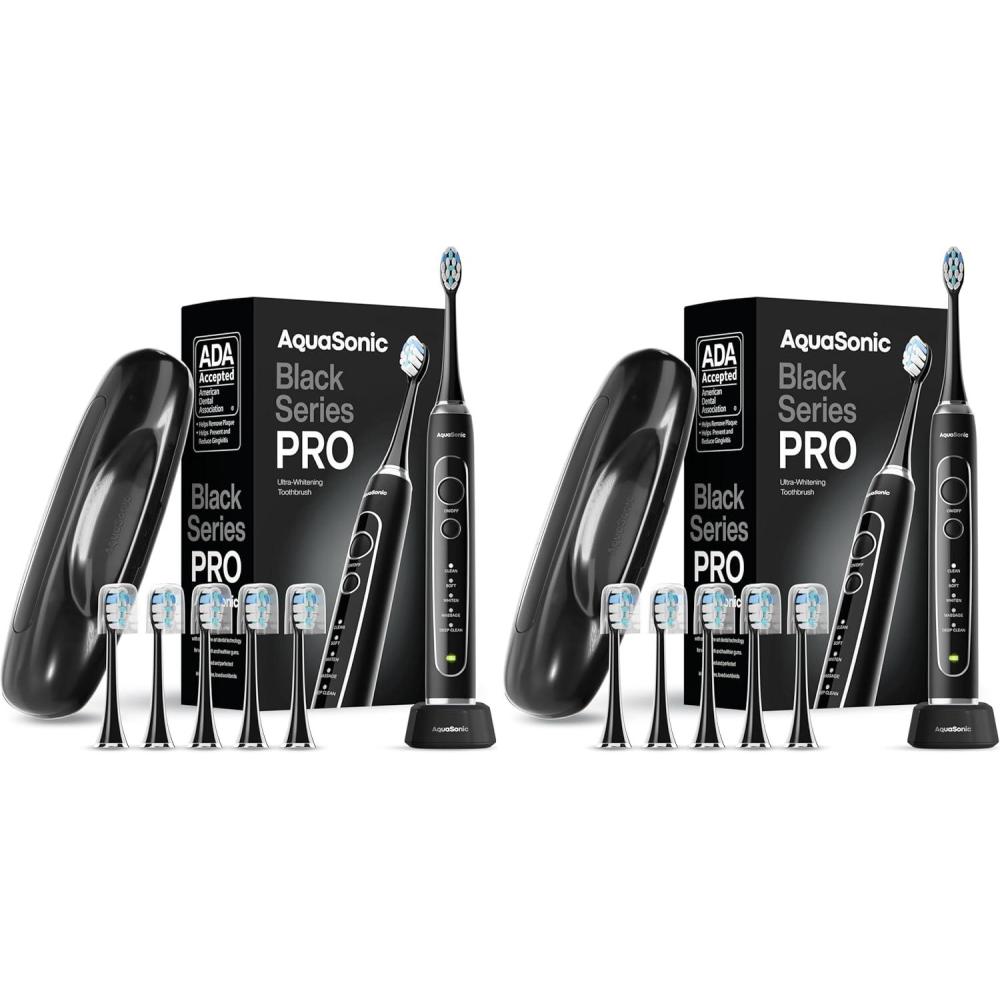 image:imageAquasonic Black Series PRO UV  UltraWhitening Electric Toothbrush  5 Modes amp Smart Timers  UV Sanitizing Base Premium Travel Case amp 6 Proflex Brush Heads  ADA Accepted1 Count Pack of 2