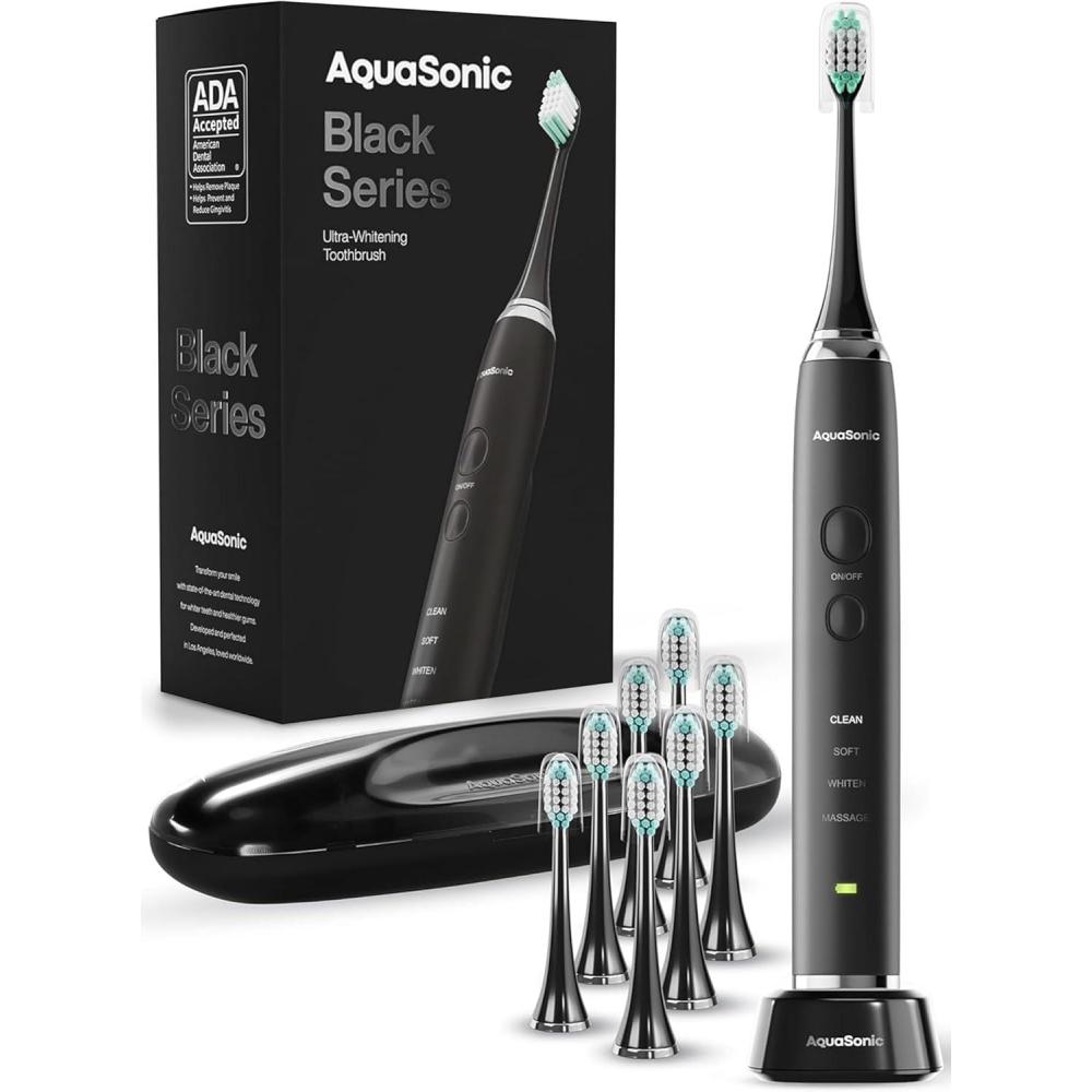image:imageAquasonic Black Series Ultra Whitening Toothbrush  ADA Accepted Electric Toothbrush 8 Brush Heads amp Travel Case  40000 VPM Electric Motor amp Wireless Charging  4 Modes w Smart Timer1 Count Pack of 1