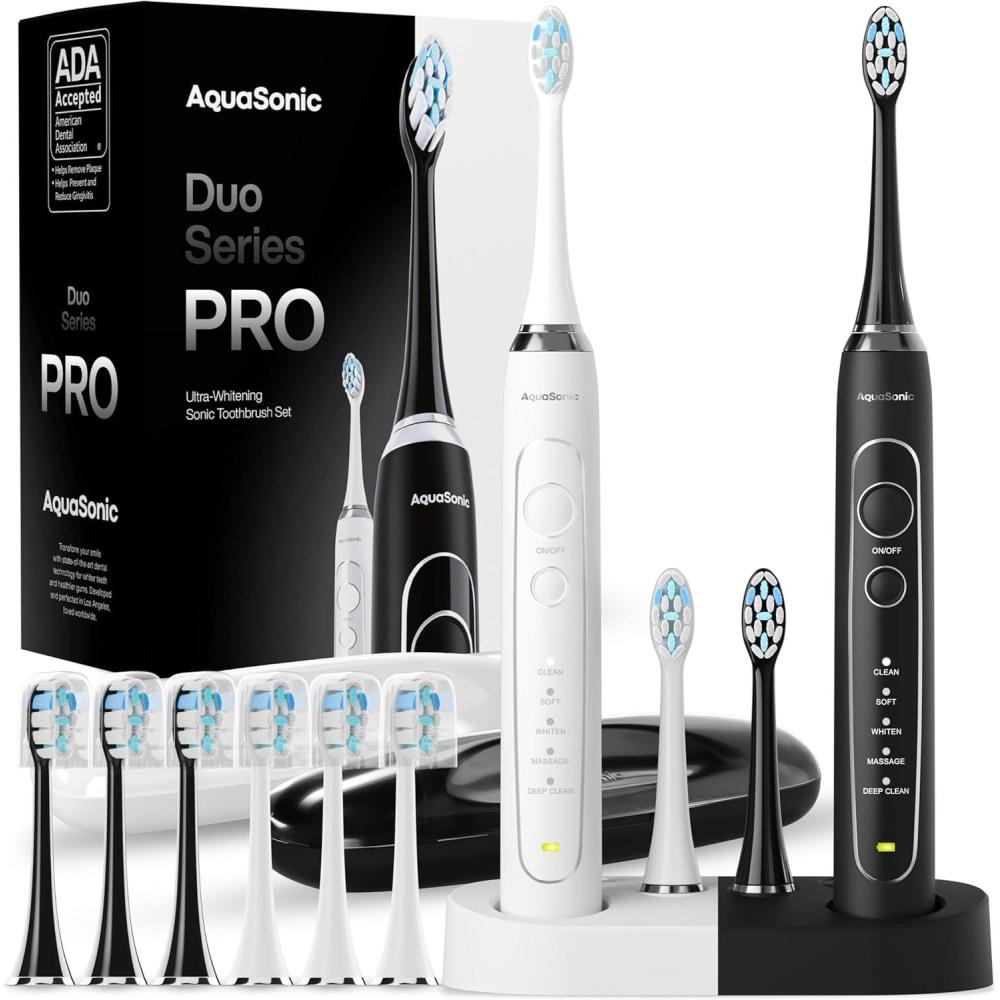 image:imageAquasonic Duo Series PRO UV ADA Accepted Electric Toothbrushes with UV Sanitizer Inductive Charging Base 5 Modes with Smart Timers 10 Proflex Brush Heads amp 2 Travel Cases2 Count Pack of 1