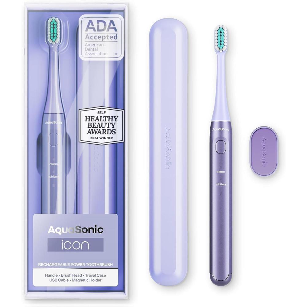 image:imageAquasonic Icon ADAAccepted Rechargeable Toothbrush  Magnetic Holder amp Slim Travel Case  2 Brushing Modes amp Smart Timers  Gentle MicroVibrations StoneLilac