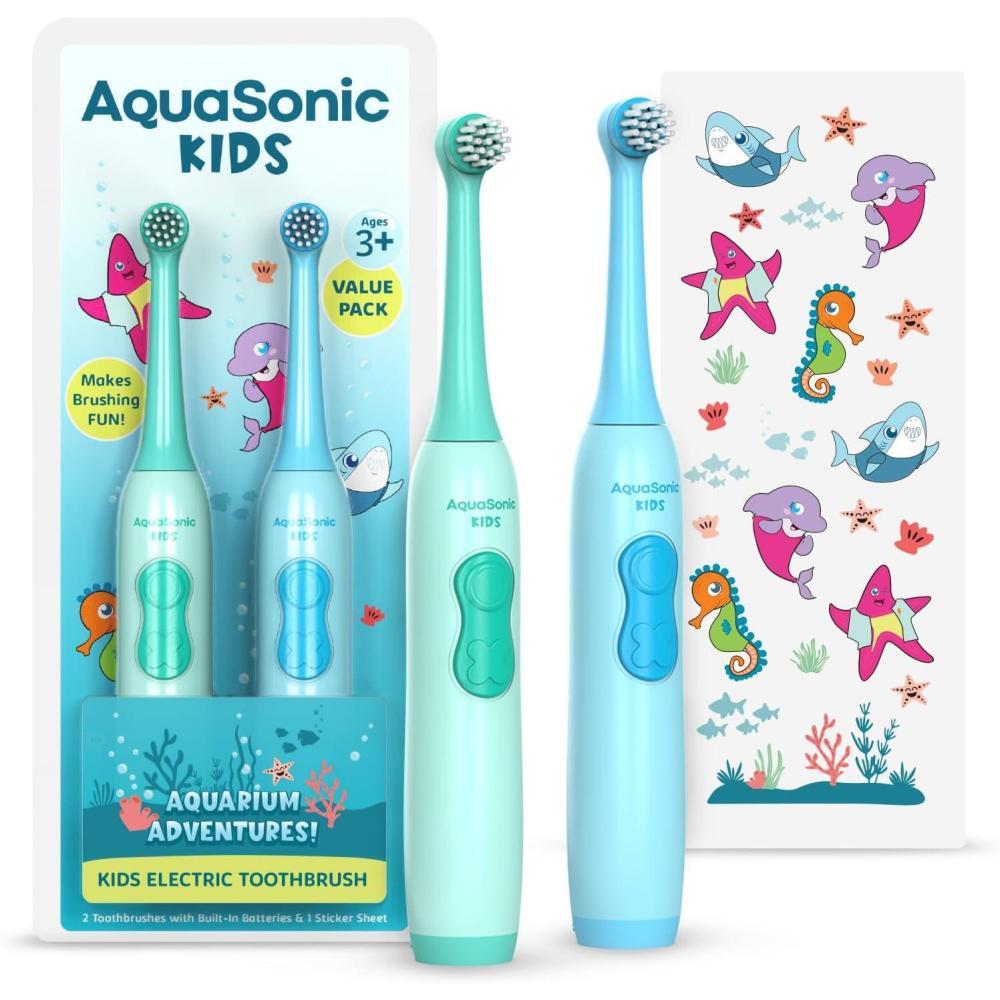 image:imageAquasonic Kids Electric Toothbrush Set for Ages 3 Soft Bristles Oscillating Brush Head Builtin Battery Aquarium Adventures