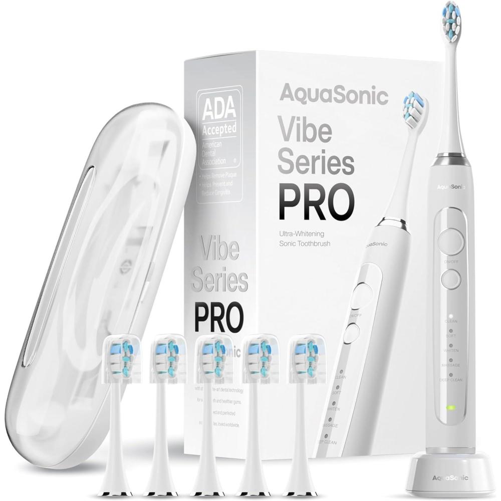 image:imageAquasonic Vibe Series PRO  UltraWhitening Electric Toothbrush  5 Modes amp Smart Timers  Premium Travel Case amp 6 Proflex Brush Heads  ADA Accepted Toothbrush Rose GoldOptic White
