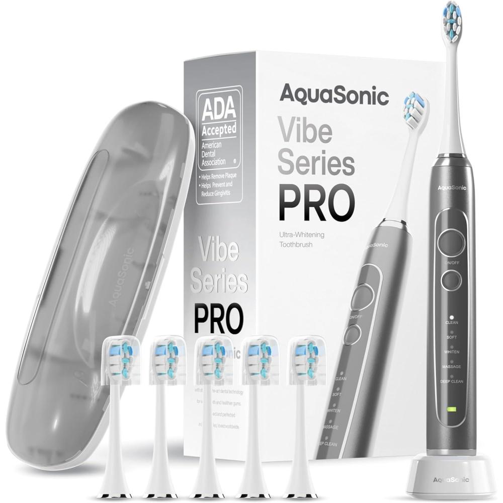 image:imageAquasonic Vibe Series PRO UltraWhitening Electric Toothbrush 5 Modes amp Smart Timers Premium Travel Case amp 6 Proflex Brush Heads ADA Accepted Toothbrush Rose GoldCharcoal Metallic