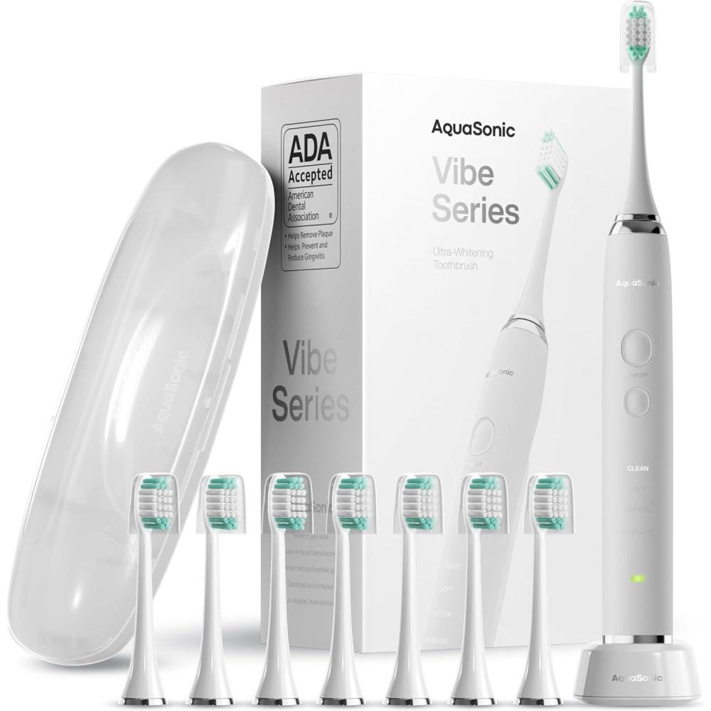 image:imageAquasonic Vibe Series UltraWhitening Toothbrush  ADA Accepted Electric Toothbrush  8 Brush Heads amp Travel Case  40000 VPM Motor amp Wireless Charging  4 Modes w Smart Timer  Optic WhiteOptic White