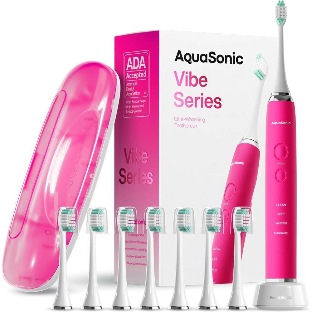 image:imageAquasonic Vibe Series UltraWhitening Toothbrush  ADA Accepted Electric Toothbrush  8 Brush Heads amp Travel Case  40000 VPM Motor amp Wireless Charging  4 Modes w Smart Timer  Optic WhiteElectric Pink