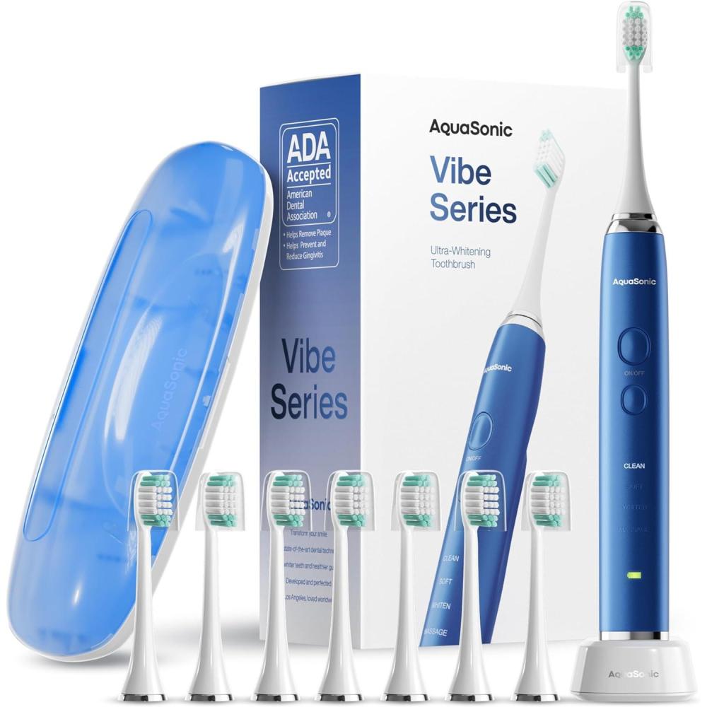 image:imageAquasonic Vibe Series UltraWhitening Toothbrush  ADA Accepted Electric Toothbrush  8 Brush Heads amp Travel Case  40000 VPM Motor amp Wireless Charging  4 Modes w Smart Timer  Optic WhiteSapphire Blue