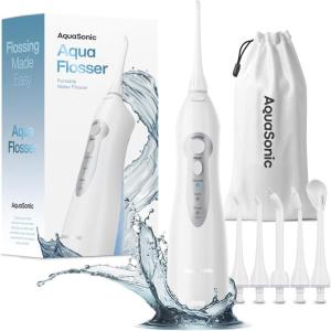 AquaSonic Aqua Flosser – Cordless Rechargeable Water Flosser for Teeth – Waterproof, Portable Oral Irrigator for Dental Cleaning with 5 Jet Tips – Braces Home Travel(White)