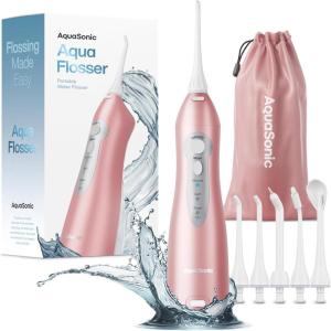 AquaSonic Aqua Flosser – Cordless Rechargeable Water Flosser for Teeth – Waterproof, Portable Oral Irrigator for Dental Cleaning with 5 Jet Tips – Braces Home Travel(Rose Gold)