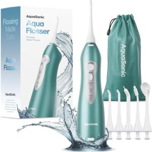 AquaSonic Aqua Flosser – Cordless Rechargeable Water Flosser for Teeth – Waterproof, Portable Oral Irrigator for Dental Cleaning with 5 Jet Tips – Braces Home Travel(Mint Green Metallic)