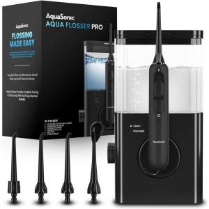 AquaSonic Aqua Flosser PRO | Professional Water Flosser with Large Capacity Reservoir | Oral Irrigator w/ 2 Modes, 10 Levels of Water Pressure, 4 Included Tips | Sleek & Compact(Black)
