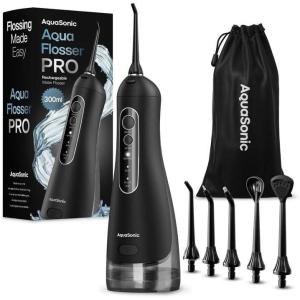 AquaSonic Aqua Flosser PRO – Rechargeable Electric Cordless Water Flosser for Teeth, Gums & Tongue – Waterproof Modern Design, 300ml Large Tank, 3 Modes, 6 Jet Tips, Deluxe Tongue Nozzle – Optic White(Black)